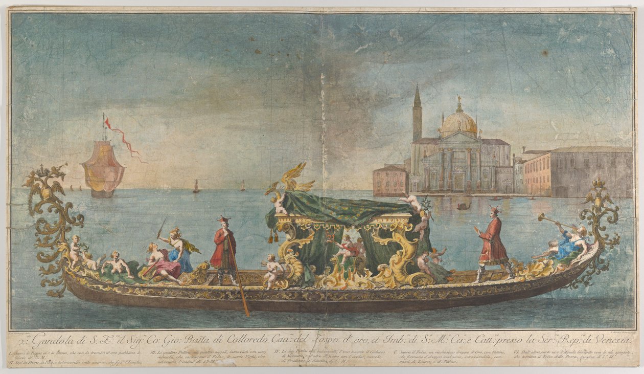 Suurlähettiläs Giovanni Battista Colloreado enterin..., 1720-30, korkeasti koristeltu toinen gondoli. tekijältä Giovanni Antonio Faldoni