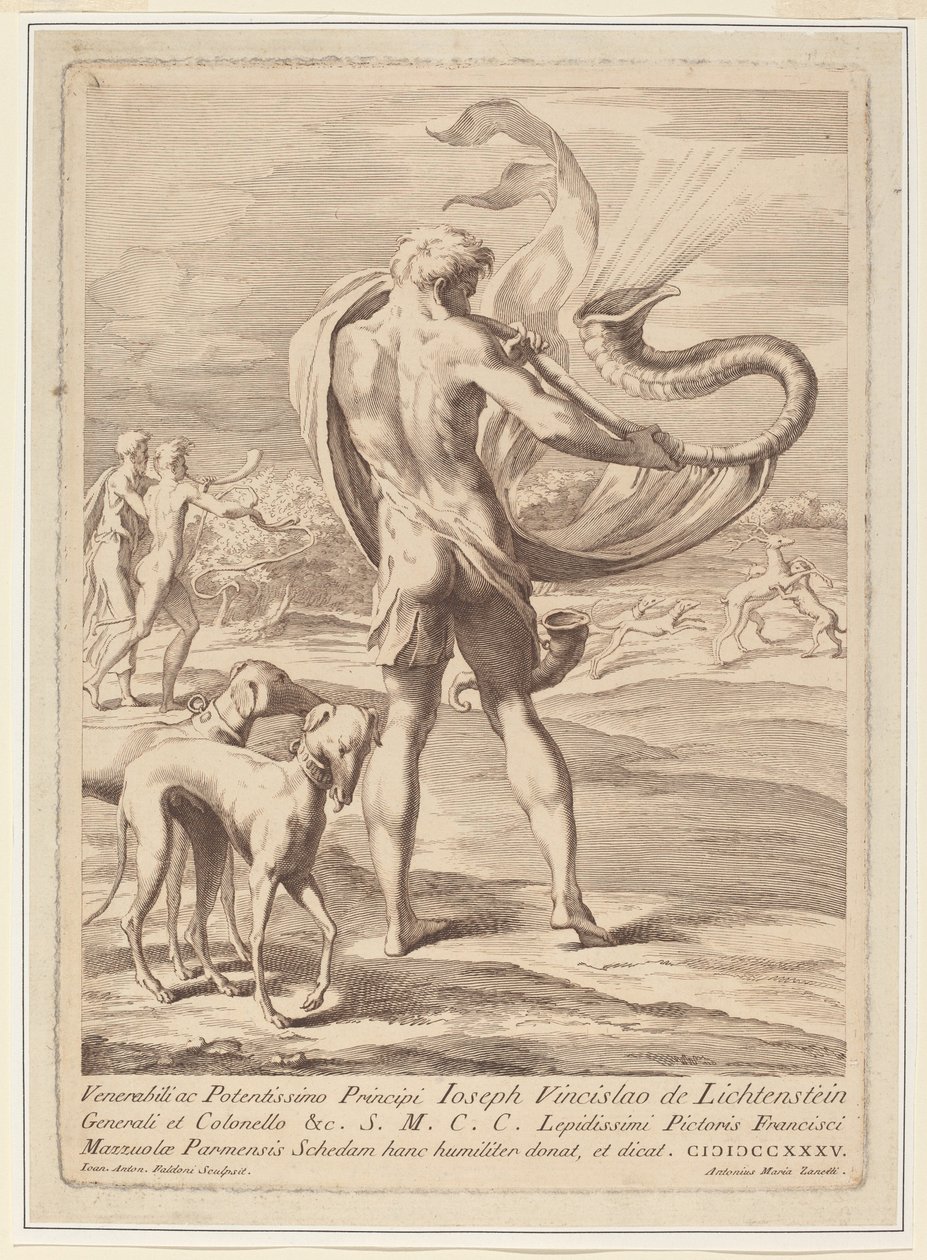 Alaston mies puhaltaa kotiloa tekijältä Giovanni Antonio Faldoni after Parmigianino