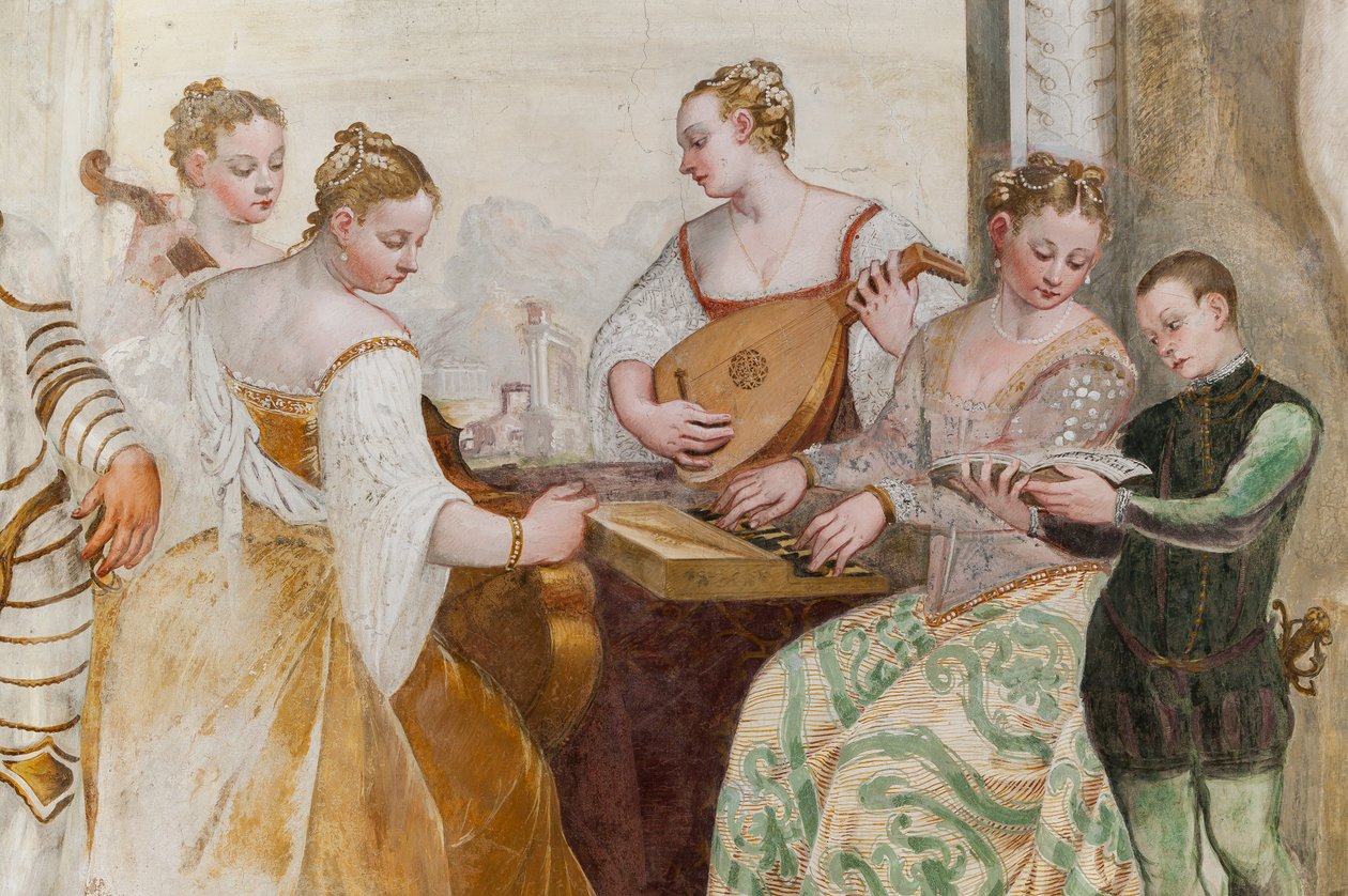 Nuori poika ja hovinaiset, yksityiskohta The Concertista, pääsali, n. 1570 (fresko) tekijältä Giovanni Antonio Fasolo