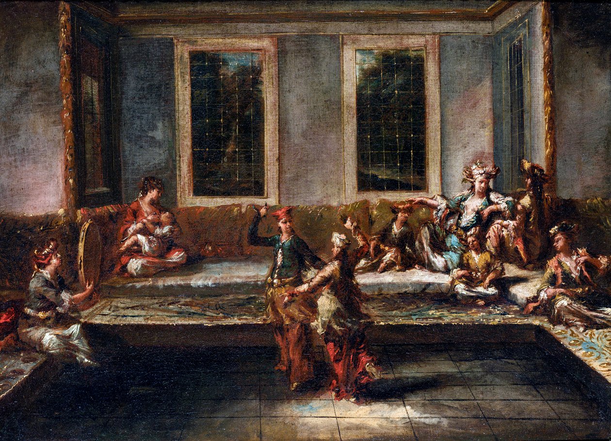 Pariskunta tanssii haaremissa Guardi, Giovanni Antonio (1699-1760). Öljy kankaalle, koko: 44x61,5 tekijältä Giovanni Antonio Guardi