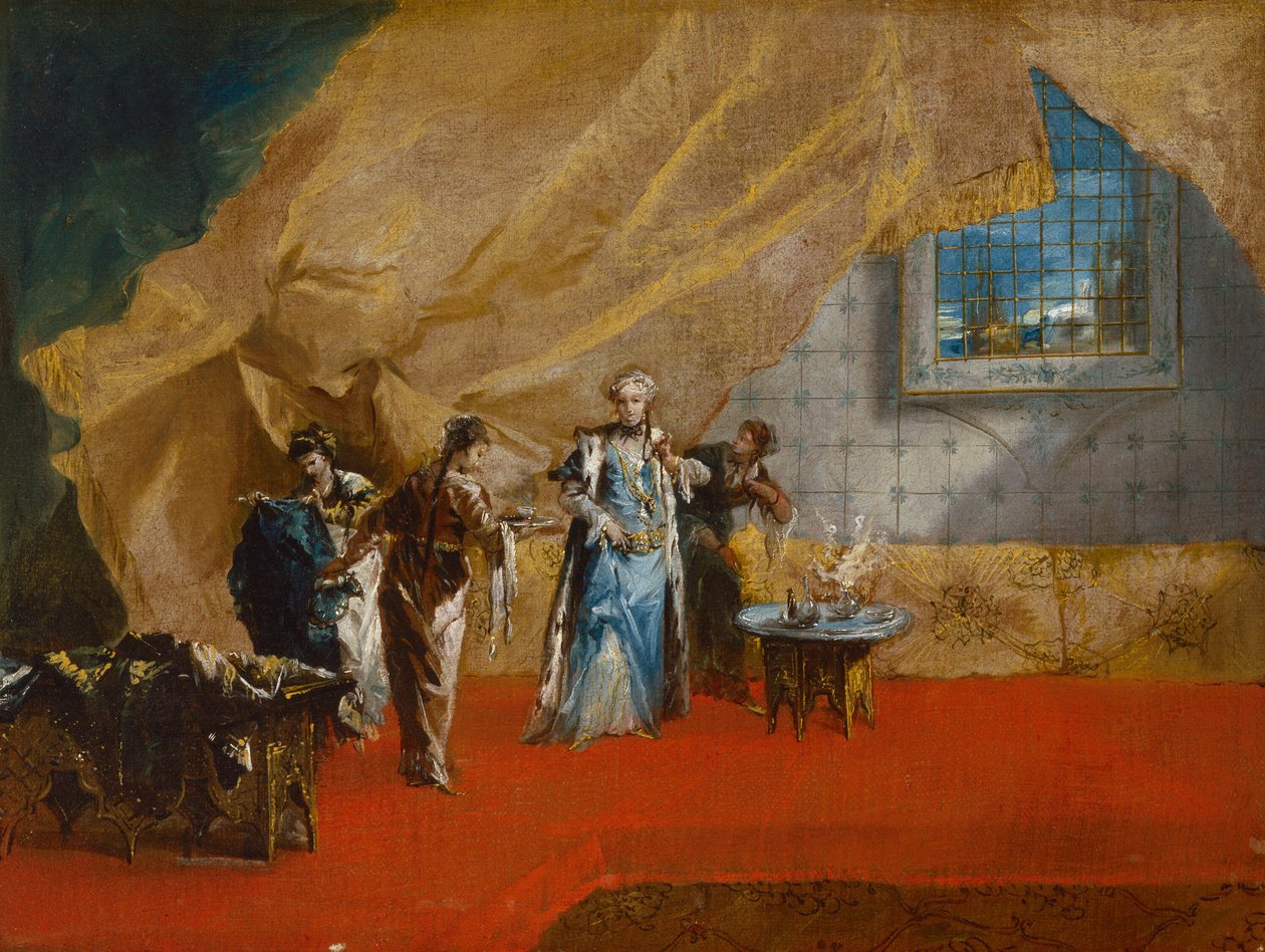 Sisätilat: Sultana kahvittelemassa haaremissa. tekijältä Giovanni Antonio Guardi