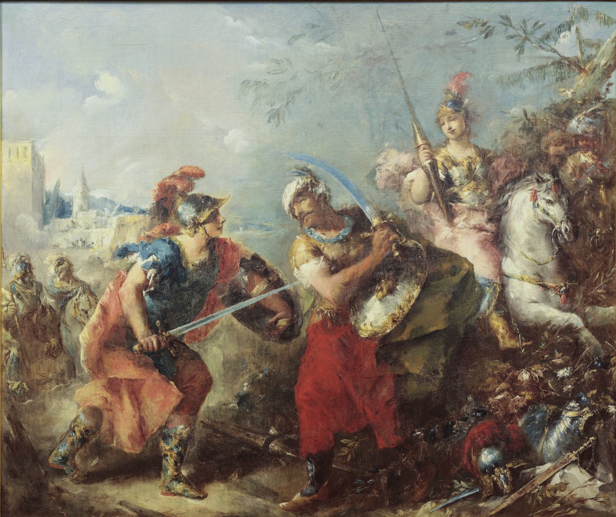 Tancredin ja Arganten välinen taistelu taustalla Clorinda tekijältä Giovanni Antonio Guardi