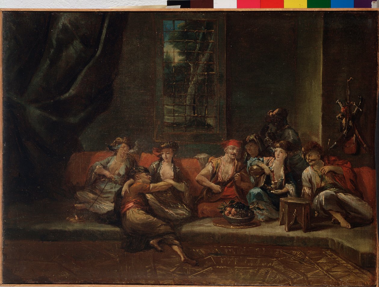 Haaremi, turkkilainen kohtaus - öljy kankaalle tekijältä Giovanni Antonio Guardi