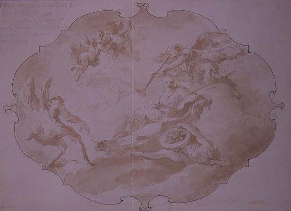 Sotilaallisen hyveen voitto, n. 1750 (kynä ja pesu) tekijältä Giovanni Antonio Guardi