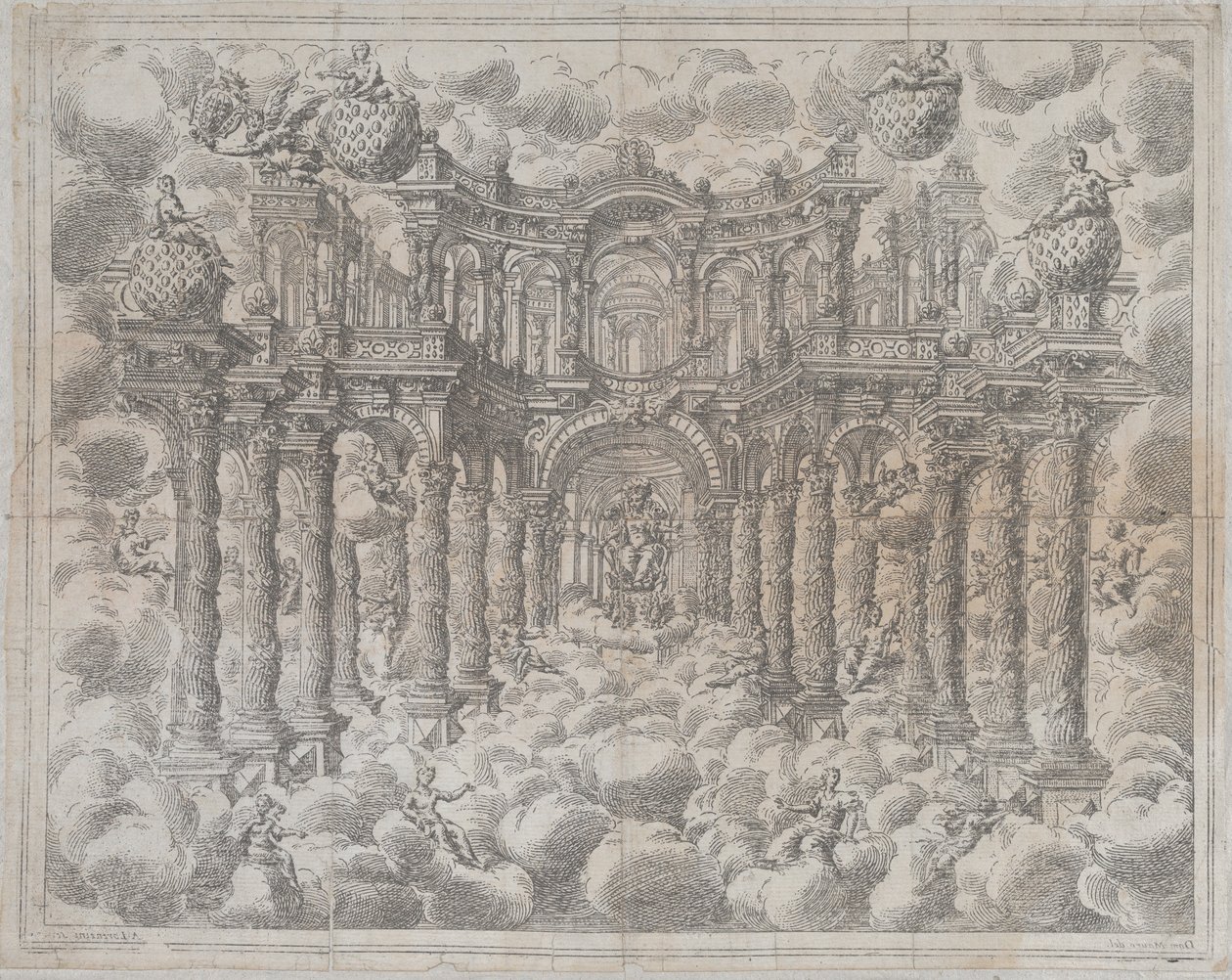 Levy 2 [vastavarma]: Lavastus, jossa on allegorisia hahmoja, jotka istuvat pilvien keskellä,..., 1690. tekijältä Giovanni Antonio Lorenzini