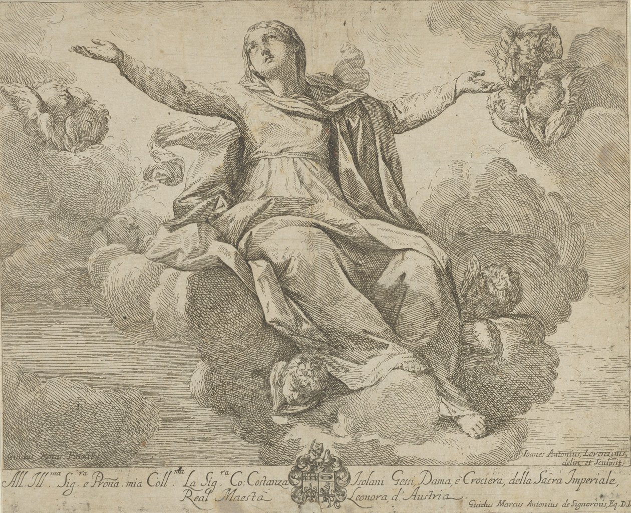 Neitsyt taivaaseenastuminen, joka istuu pilvissä kädet ojennettuina, ang..., 1685-1720. tekijältä Giovanni Antonio Lorenzini
