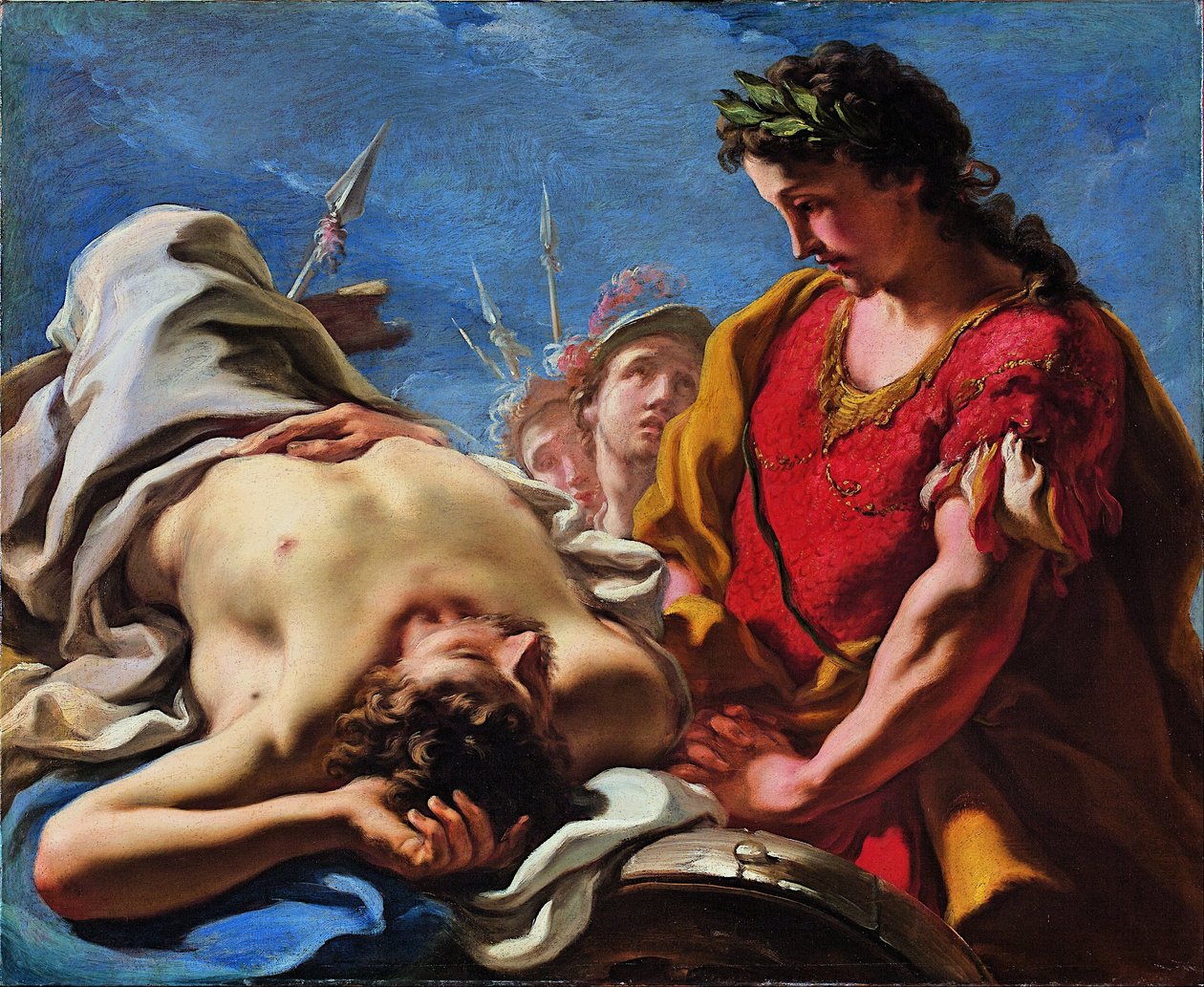 Aleksanteri kuolleen Dareioksen ruumiin luona tekijältä Giovanni Antonio Pellegrini