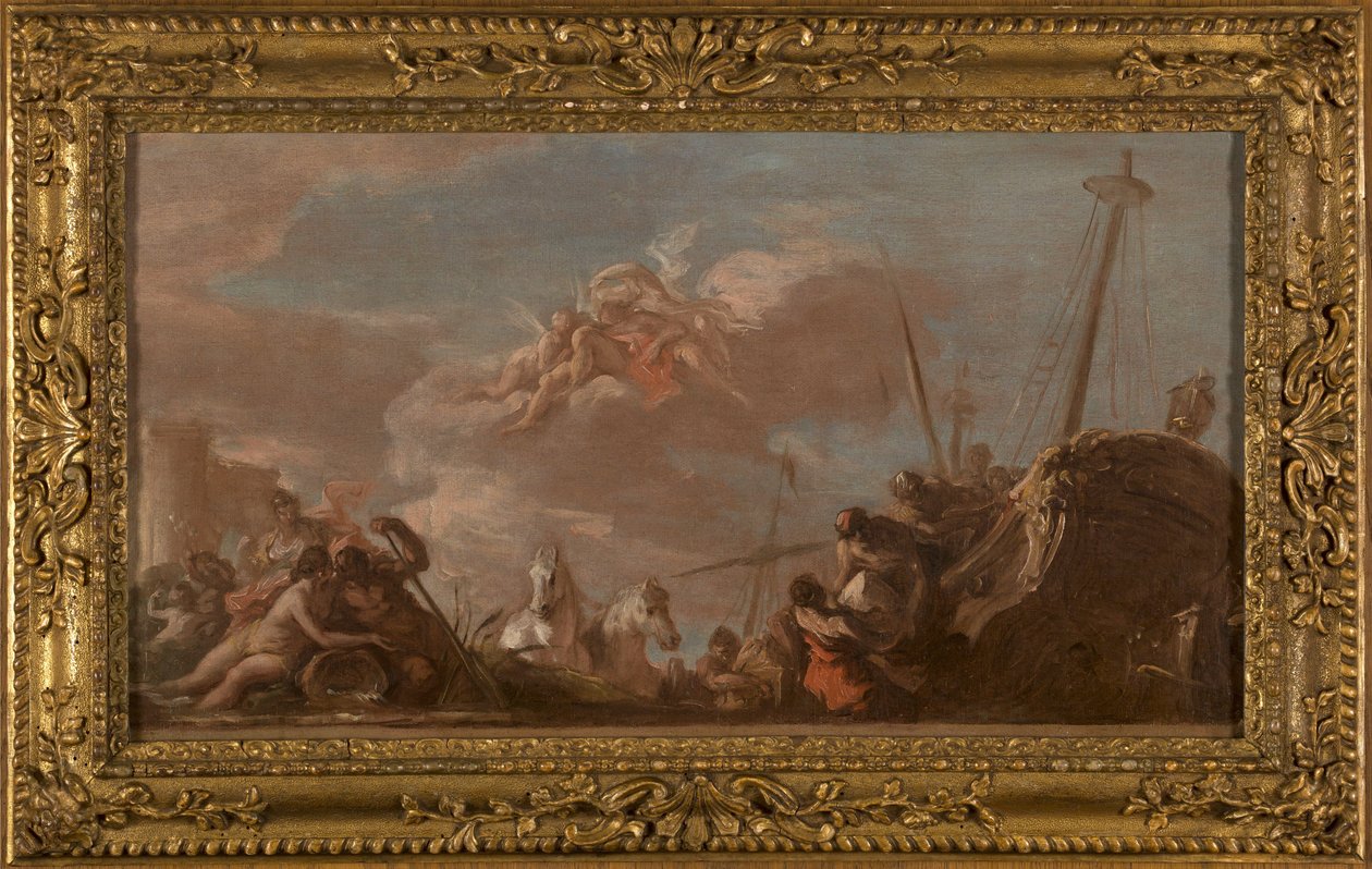 Luonnos Banque Royalen kattoon: Le Déchargement en bord de Seine de marchandises en provenance de la Louisiane, en 1720 (öljy kankaalle (kudos)) tekijältä Giovanni Antonio Pellegrini