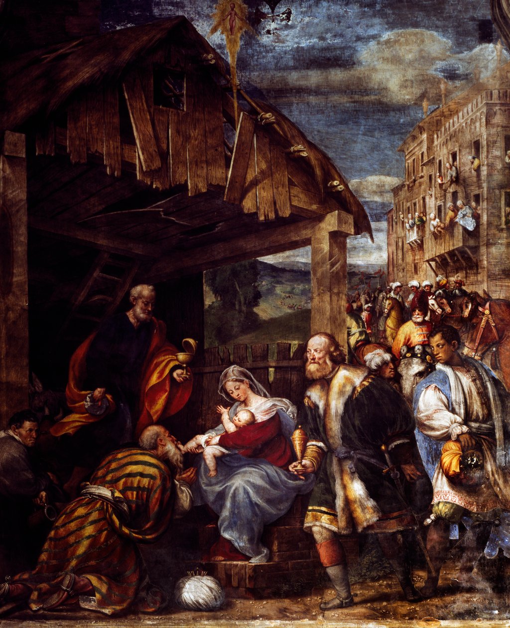 Maagien palvonta, n. 1530, Pordenone (1483-1484 - 1539), fresko, Magi-kappeli, Santa Maria di Campagnan kirkko, Piacenza, Emilia-Romagna. Yksityiskohta. Italia tekijältä Giovanni Antonio Pordenone