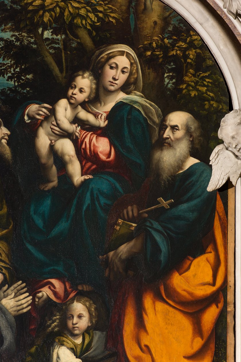 Pyhän Katariinan, Madonnan ja lapsen alttari pyhien Philipin ja Jaakobin ja lahjoittajan Giacomo Schizzin välillä, Il Pordenone 1522, yksityiskohta tekijältä Giovanni Antonio Pordenone