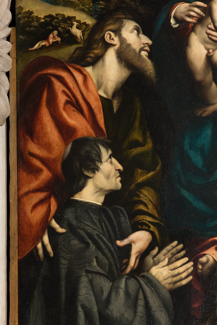 Pyhän Katariinan, Madonnan ja lapsen alttari pyhien Philipin ja Jaakobin ja lahjoittajan Giacomo Schizzin välillä, Il Pordenone 1522, yksityiskohta tekijältä Giovanni Antonio Pordenone