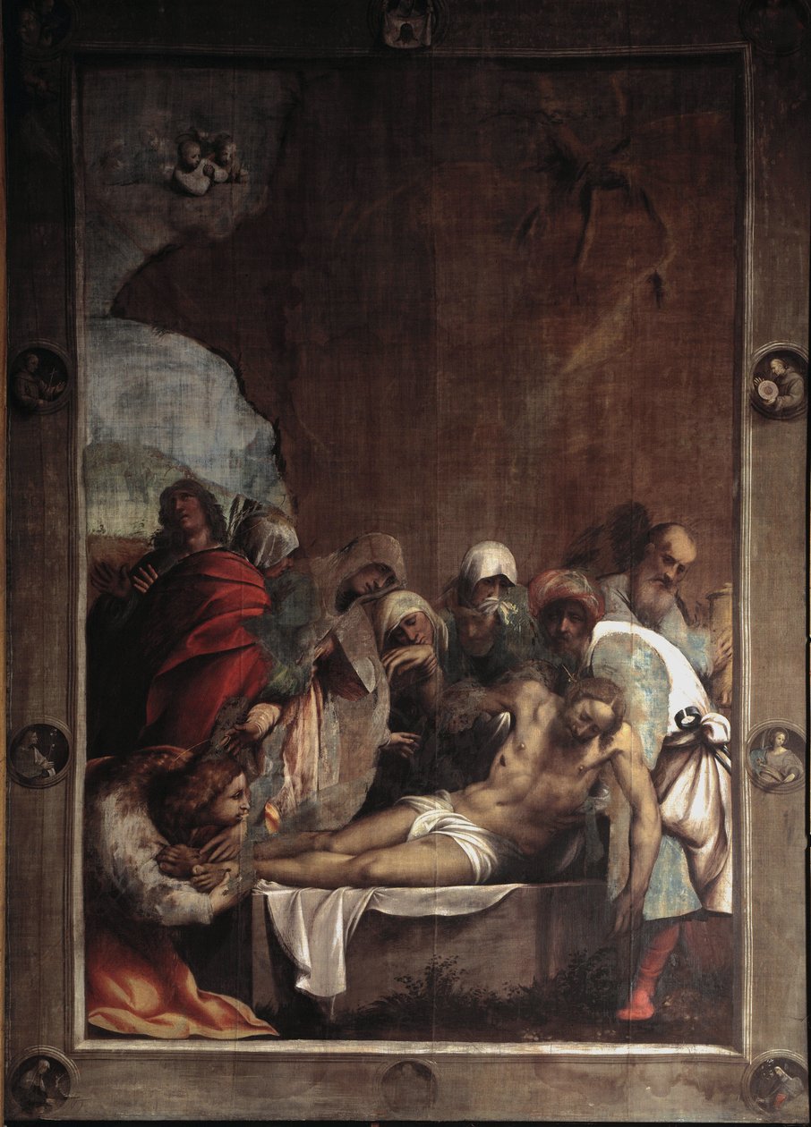 La deposition du christ (kristuksen laskeutuminen) Giovanni Antonio de Sacchisin maalaus nimeltä il Pordenone (1484-1539) 1529-1530 Aurinko 391x291 cm Cortemaggiore (Piacenza), Chiesa dell Annunziata Italia tekijältä Giovanni Antonio Pordenone