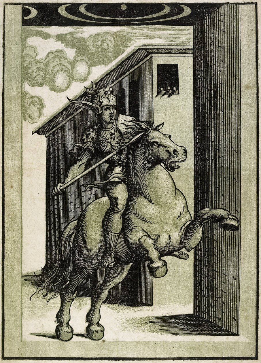 Marcus Curtius, n. 1540 (chiaroscuro-puupiirros 3 lohkosta) tekijältä Giovanni Antonio Pordenone