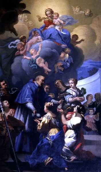 Pyhä Nikolaus jakaa kolme kultapussiaan, n. 1705 (öljy kankaalle) tekijältä Giovanni Antonio Pucci