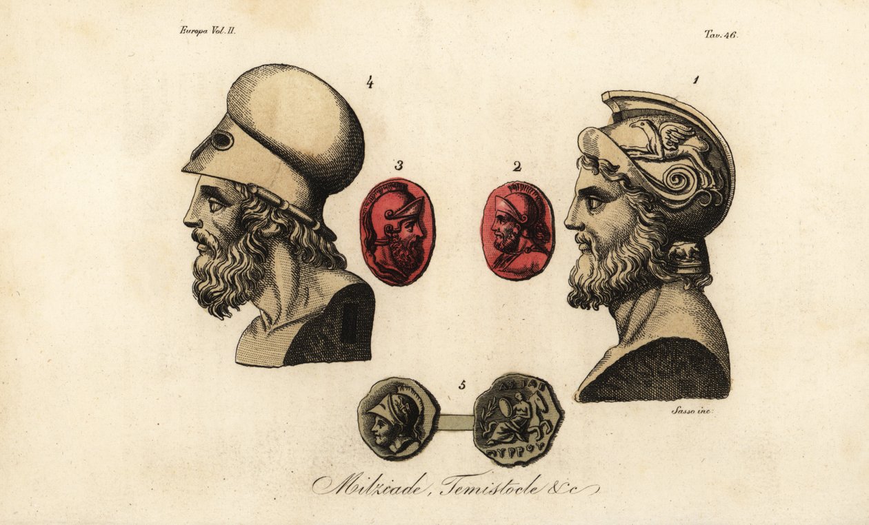 Ateenalaisten poliitikkojen Miltiades nuoremman 1,2, Themistokles 3,4 ja kuningas Pyrrhus I 5 rintakuvat ja jalokivet tekijältä Giovanni Antonio Sasso