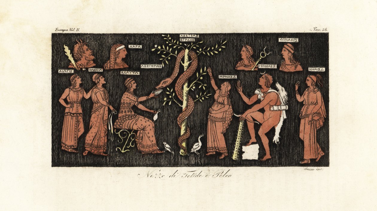 Herakles 11. työssään ottamalla kultaisia omenoita käärme Ladonin vartioimasta Hesperides-puutarhasta tekijältä Giovanni Antonio Sasso