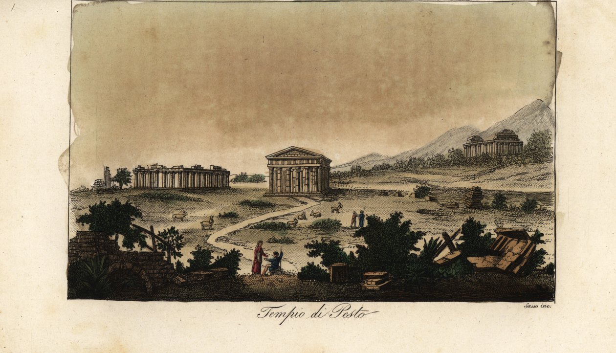 Näkymä muinaisista kreikkalaisista Heran temppeleistä Paestumissa, Italiassa tekijältä Giovanni Antonio Sasso