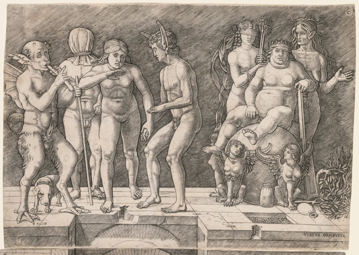 Allegoria tietämättömän ihmiskunnan kukistumisesta: Virtus Combusta, c. 1500-1505. tekijältä Giovanni Antonio da Brescia