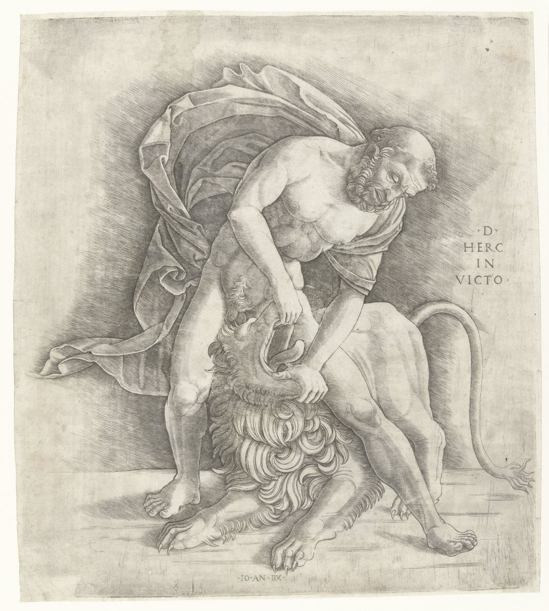 Hercules taistelee Nemean-leijonaa vastaan Hercules valloittaa Nemean leijonan D HERC IN VICTO (otsikko esineessä) tekijältä Giovanni Antonio da Brescia