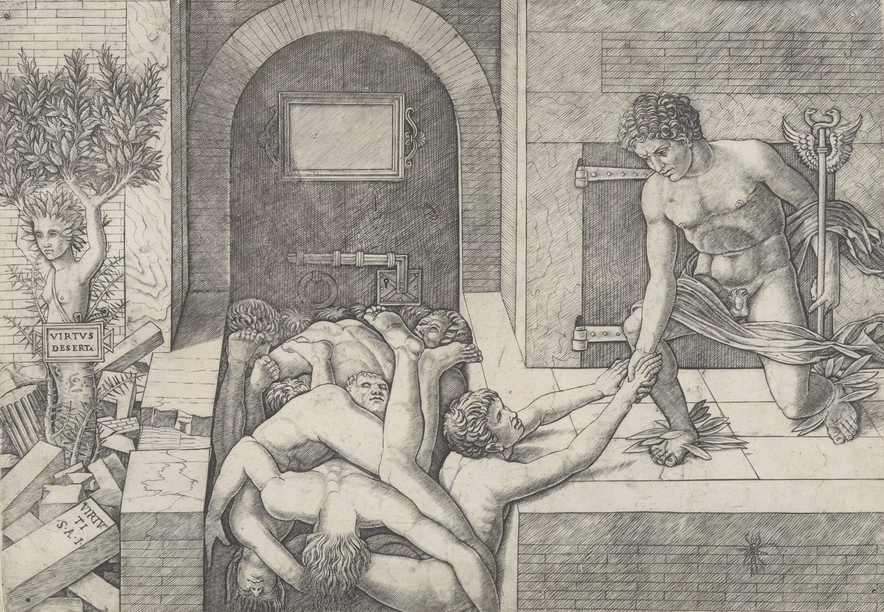Tietämättömyys ja Merkurius vertauskuva hyveestä ja paheesta, Merkurius polvistuu oikealla..., n. 1490-1525. tekijältä Giovanni Antonio da Brescia
