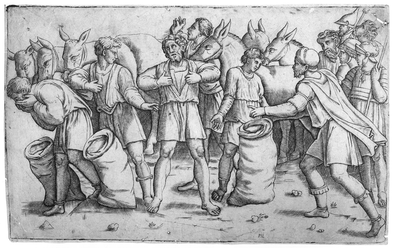Benjaminin säkistä löydetty Joosefin kuppi Joseph Genesis 44:n raamatullisesta kertomuksesta..., n. 1520-25. tekijältä Giovanni Antonio da Brescia
