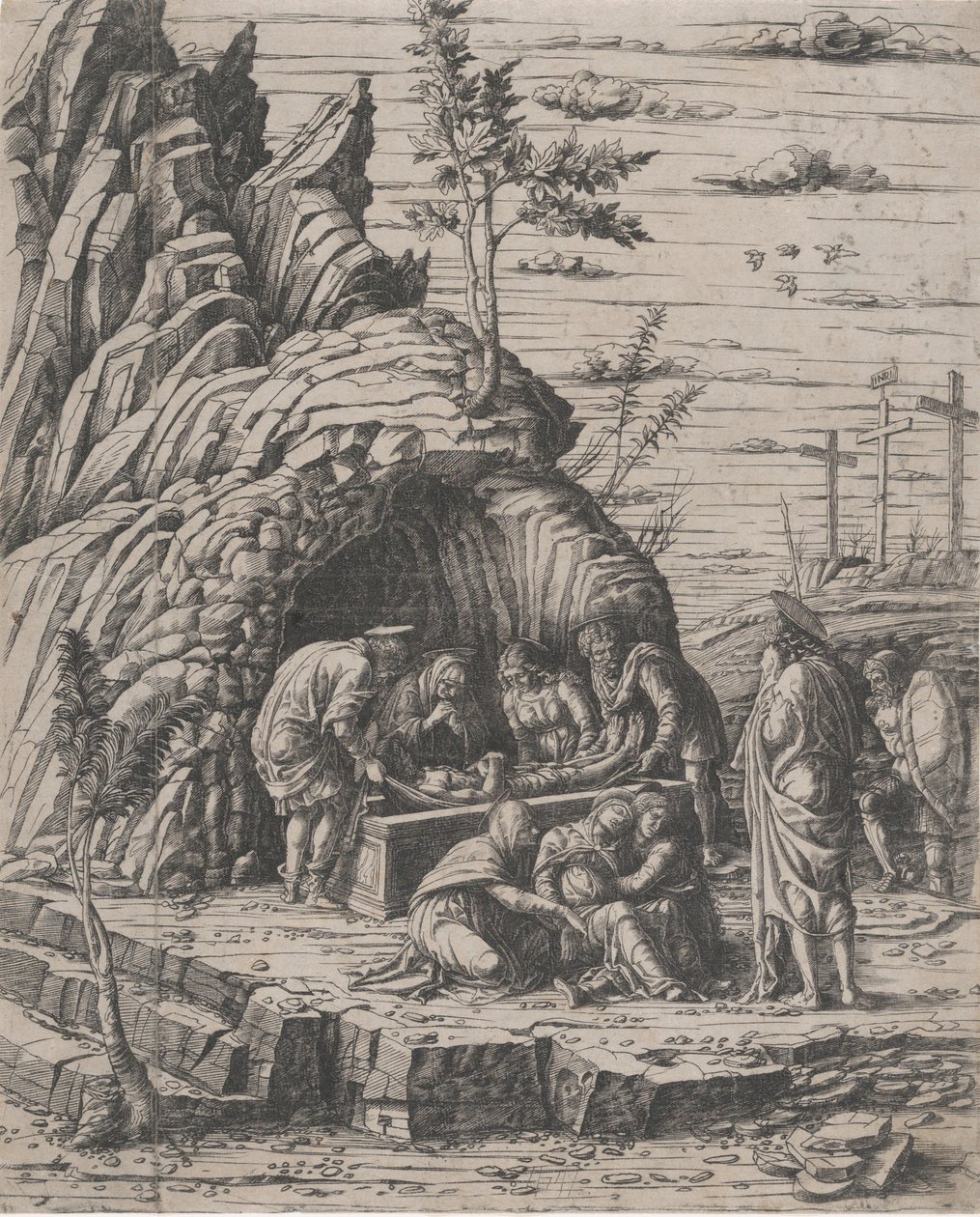 Kristuksen hauta, jonka kaksi miestä laskee kivihautaan ennen..., n. 1470-1500. tekijältä Giovanni Antonio da Brescia