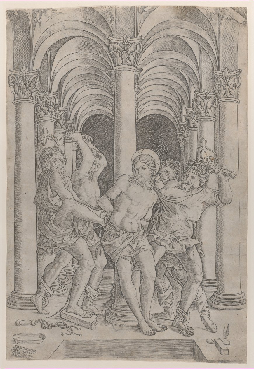 Kristuksen liputus, joka on sidottu keskellä olevaan pylvääseen, joka on asetettu pelihalliin, 1509, 1509. tekijältä Giovanni Antonio da Brescia