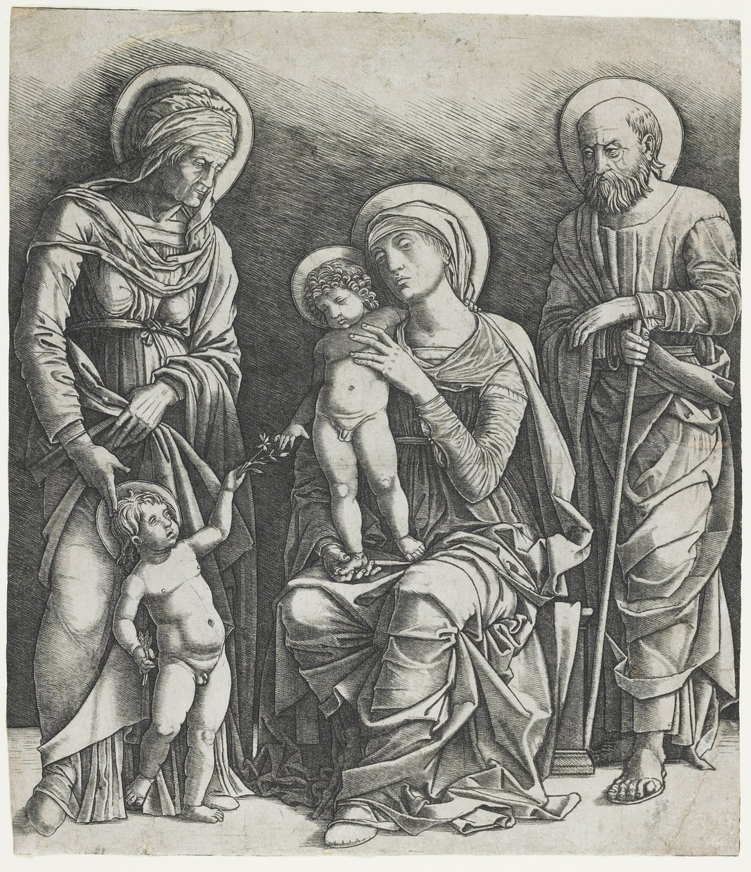 Pyhä perhe ja Johannes-lapsi, noin 1495-1505 (kaiverrus). tekijältä Giovanni Antonio da Brescia