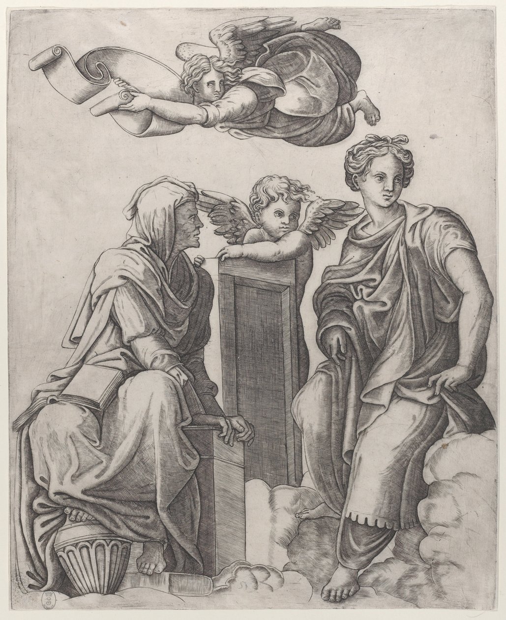 Kaksi naishahmoa istuu pilvissä enkelin vieressä ja toinen lentää..., n. 1510-25. tekijältä Giovanni Antonio da Brescia