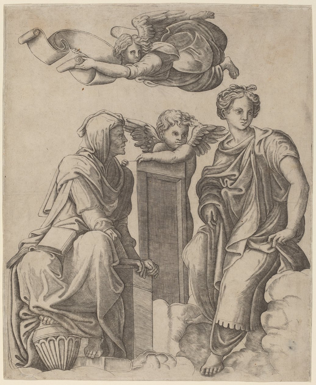 Kaksi sibylaa ja enkeli tekijältä Giovanni Antonio da Brescia after Raphael