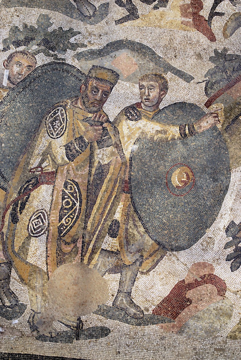 Roomalainen taide: yksityiskohta mosaiikista "" Suuri metsästysosa"". Lordi metsästyksen aikana. 315-350 jKr. Piazza Armerina, Villa Romana del Casale. Sisilia, Italia. tekijältä Phillipe de Marlier