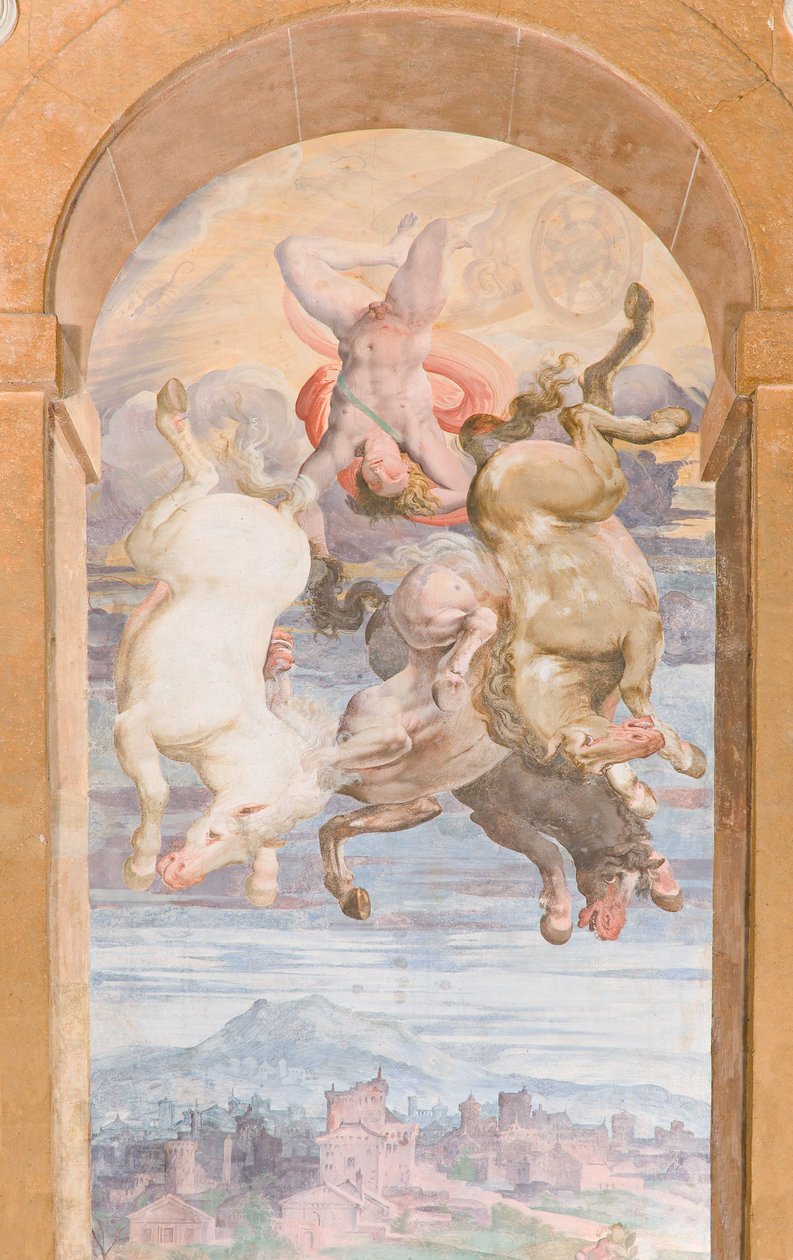 Auringon vaunut, joita Apollo sukeltaa kohti maata, Apollo Loggian itäseinä, n. 1560 (fresko) tekijältä Giovanni Battista and Cambiaso Luca Castello