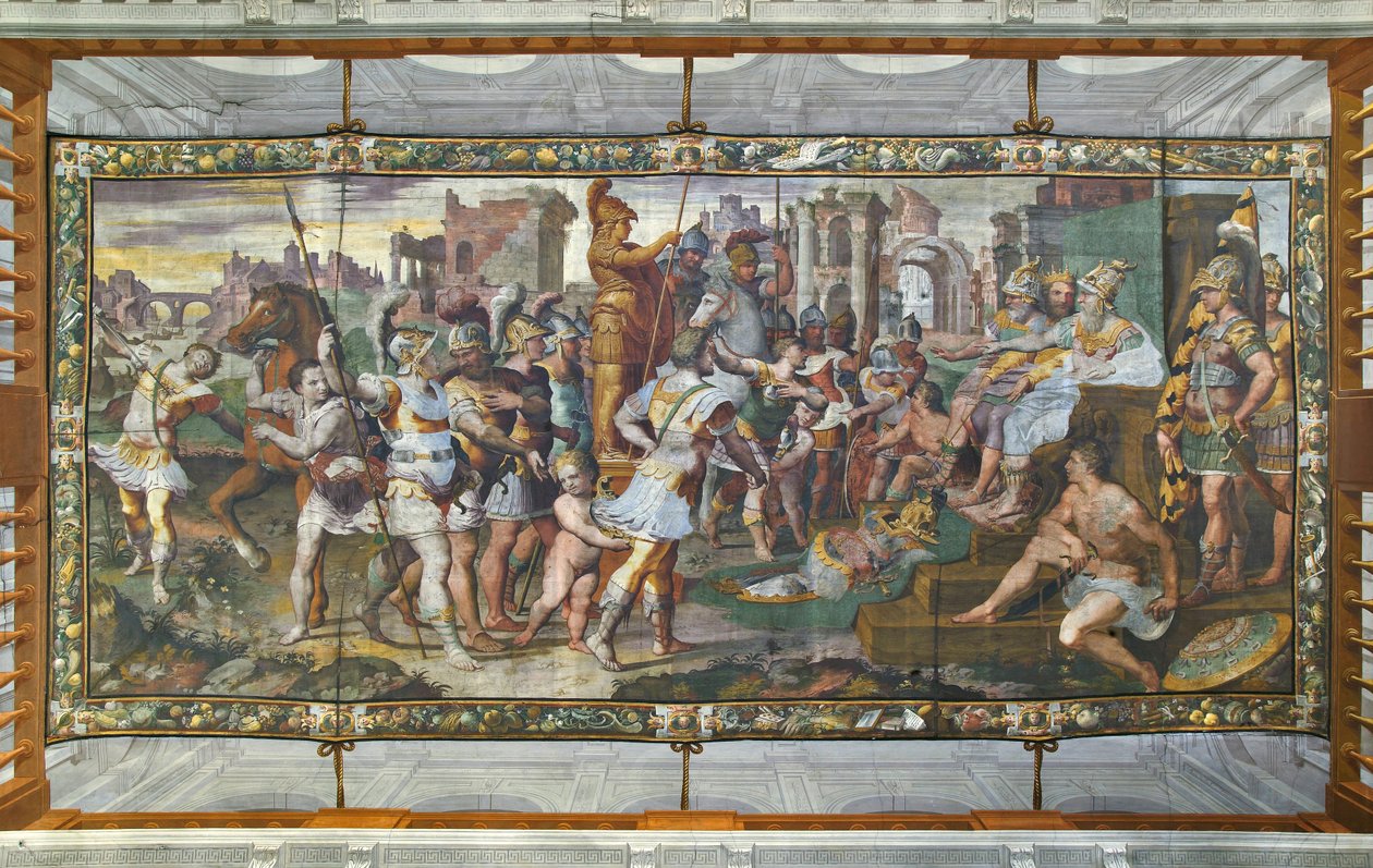 Ulysses ja Ajax kilpailevat Akilleuksen panssarista tuomioistuimissa, Ulysses Hall (fresko) tekijältä Giovanni Battista Castello