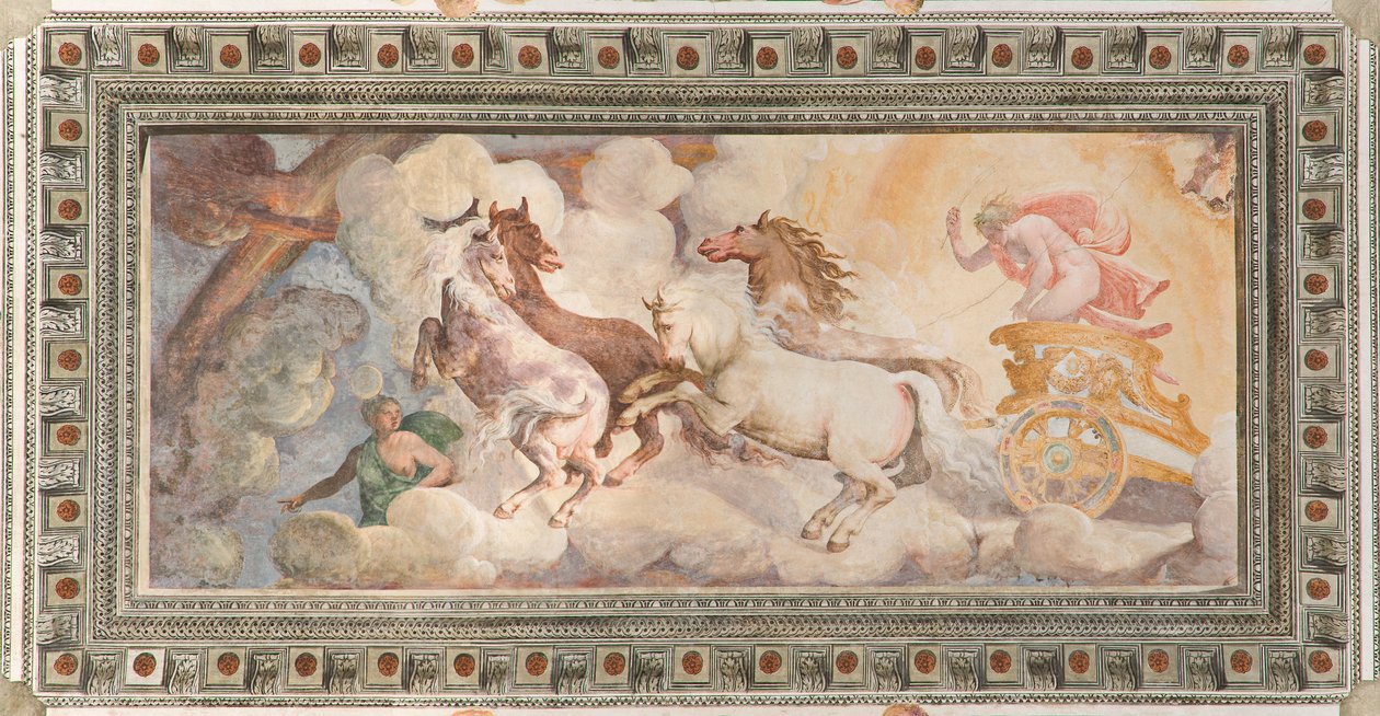Apollon kuljettama auringon vaunut, Apollo Loggia, n. 1560 (fresko) tekijältä Giovanni Battista and Cambiaso Luca Castello