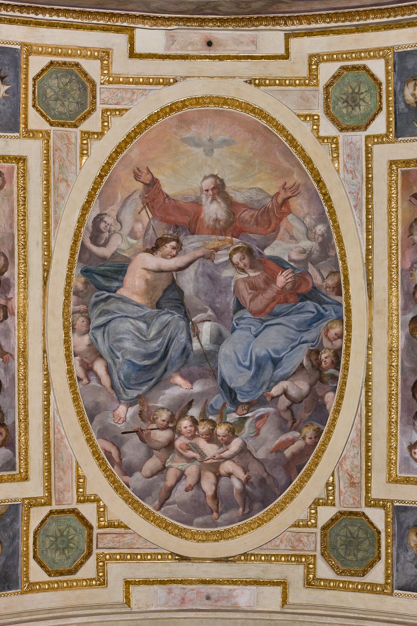 Genova, Duomo (Pyhän Laurentiuksen katedraali), sisustus, Lercari-kappeli tai Siunatun Sakramentin kappeli (pohjoinen apsidi), holvi: "Neitsyen kruunaus", fresko Giovanni Battista Castello tunnetaan nimellä Bergamasco tekijältä Giovanni Battista Castello