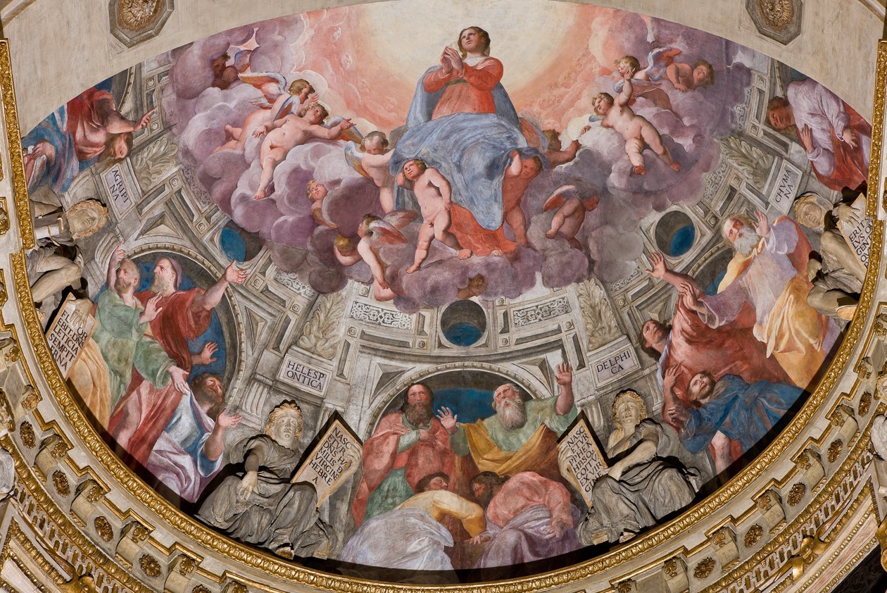 Genova, Duomo (Pyhän Laurentiuksen katedraali), sisällä, Lercari-kappeli tai Siunatun Sakramentin kappeli (pohjoinen apsidi), apsi: "Neitsyen taivaaseenotto", fresko Giovanni Battista Castello tunnetaan nimellä Bergamasco tekijältä Giovanni Battista Castello