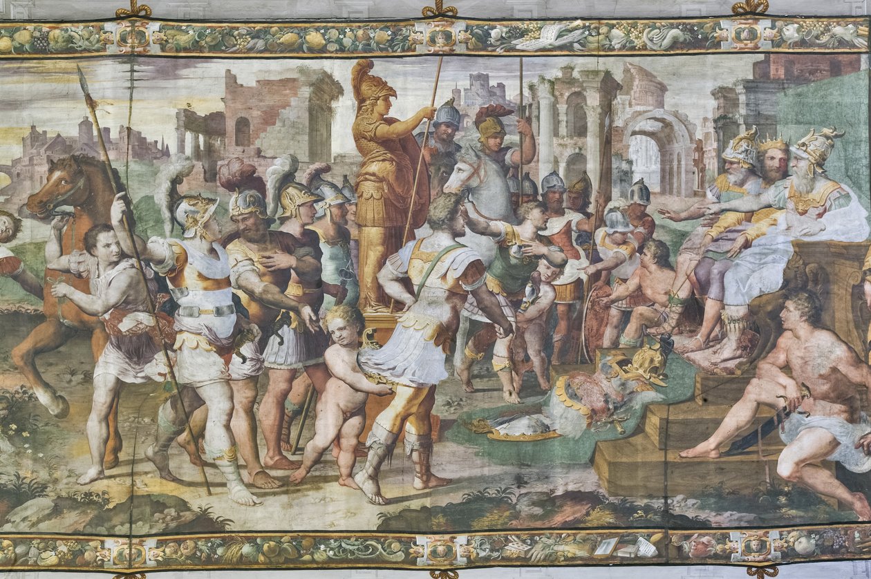 Ulysses ja Ajax kilpailevat Akhilleuksen panssarista tuomioistuimissa, Ulysses Hall, yksityiskohta numerosta 2384556 (fresko) tekijältä Giovanni Battista Castello