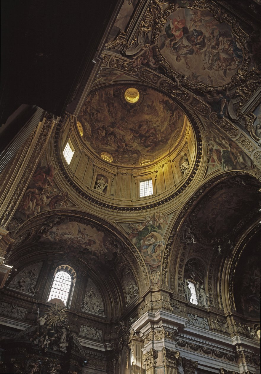 Näkymä Baciccian kupolista ja freskosta, Gesun kirkko Roomassa, noin 1568 (Sisänäkymä Chiesa del Gesusta kupolin ja Baciccian freskoilla, Rooma, Italia) tekijältä Giovanni Battista  Gaulli