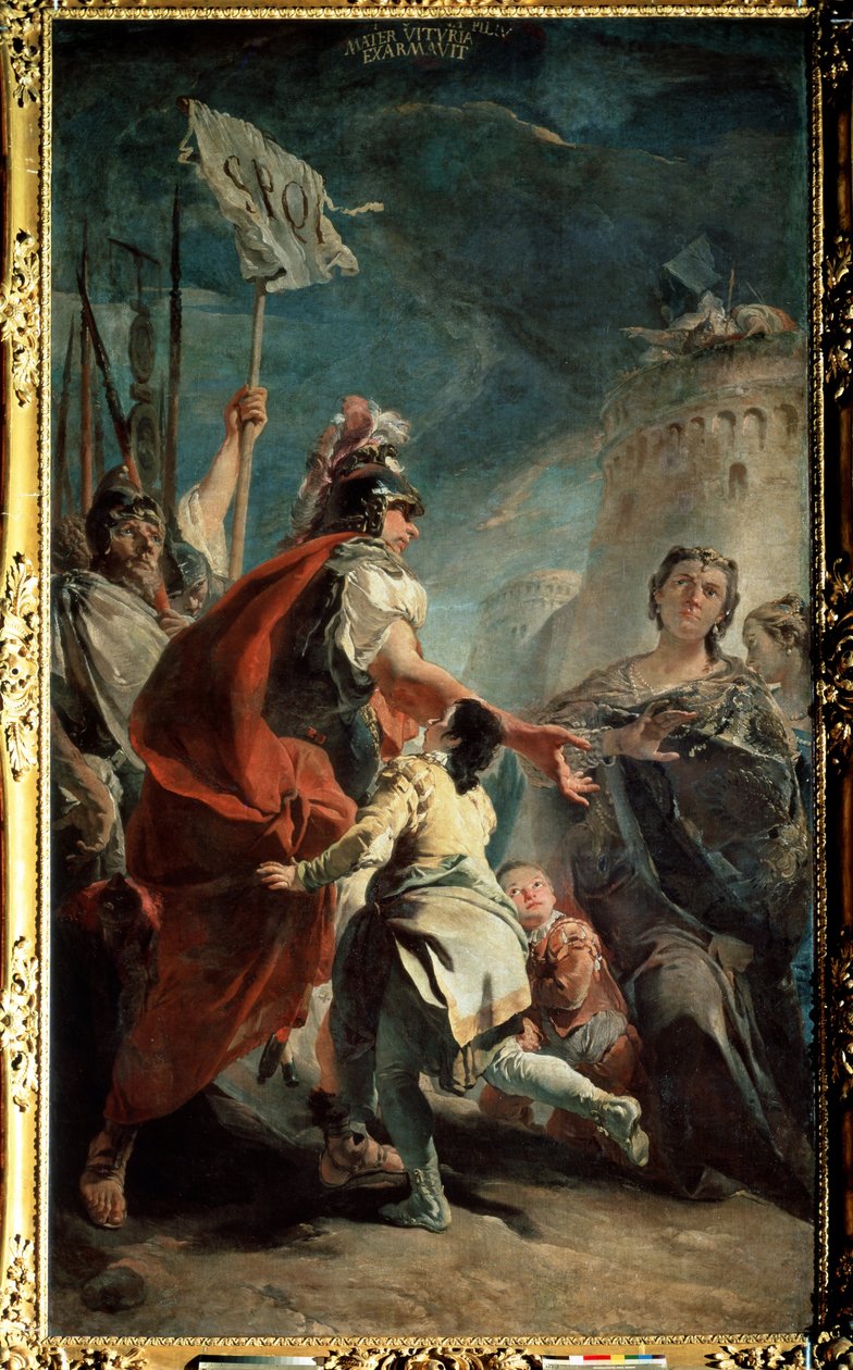 Coriolanus (Caius Marcius Coriolanus) ennen Rooman portteja (Coriolanus ennen Rooman portteja). Giambattista Tiepolon (1696-1770) maalaus. Öljy kankaalle, 387 x 224 cm, noin 1730. Venetsialainen koulukunta, italialaista barokkitaidetta. Eremitaaši, St. P tekijältä Giovanni Battista Tiepolo