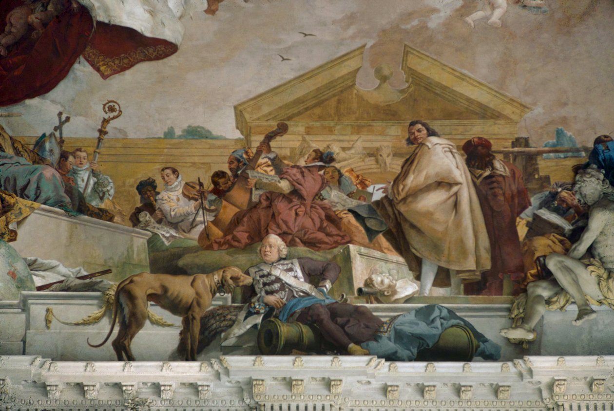 Eurooppa, yksityiskohta portaikon kattofreskosta, Würzburgin piispanistuin. ... (fresko) tekijältä Giovanni Battista (1696 1770) Tiepolo