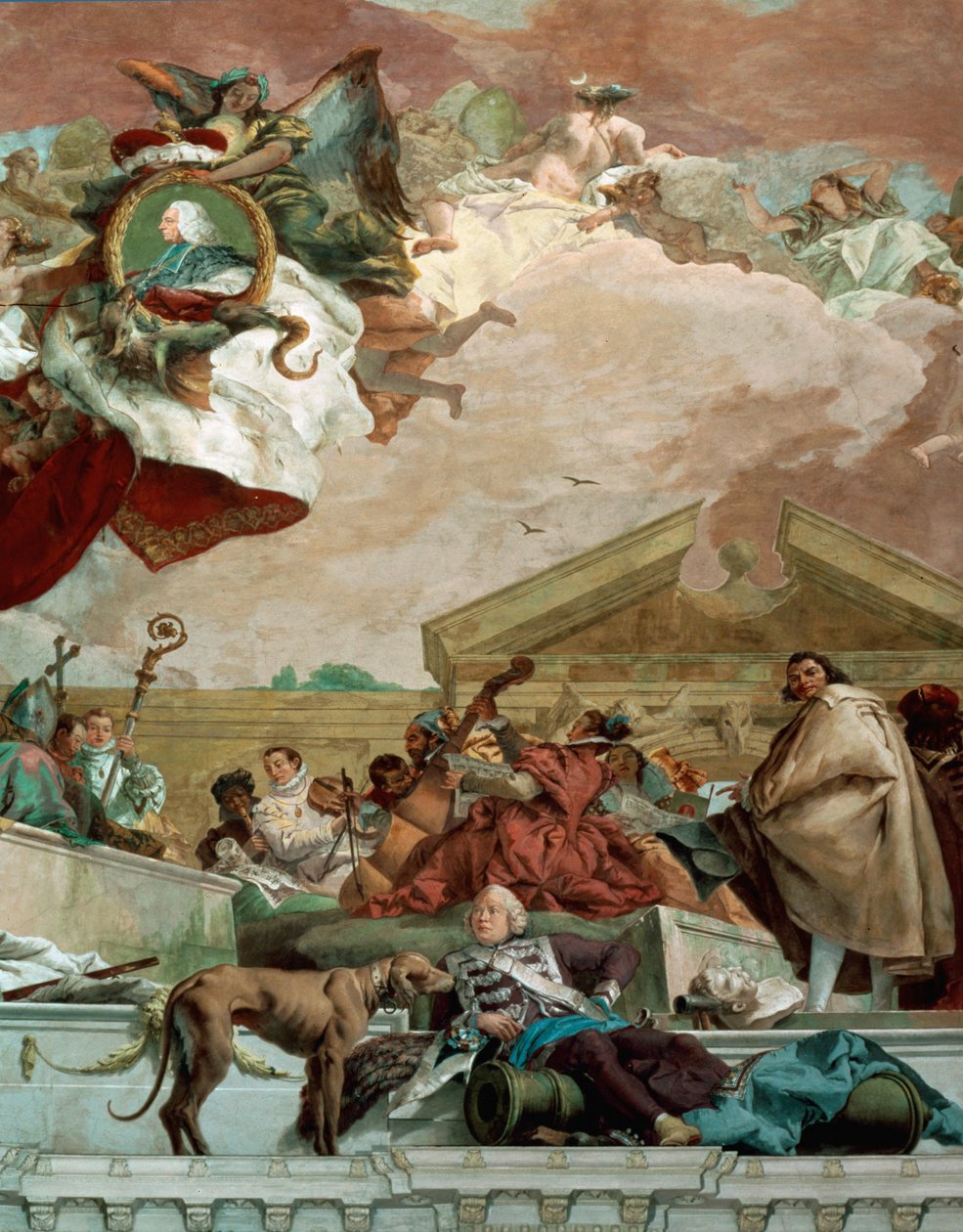 Würzburgin residenssin portaikon fresko, jossa on arkkitehti Balthasar Neumann ja tykki (fresko). tekijältä Giovanni Battista (1696 1770) Tiepolo