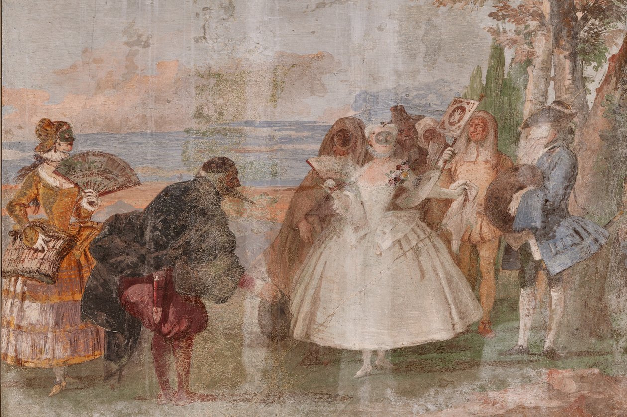 Vierasmajoitus, karnevaalikohtausten huone: "Pantalone ja Columbina", kohtaus naamioilla tekijältä Giovanni Battista Tiepolo