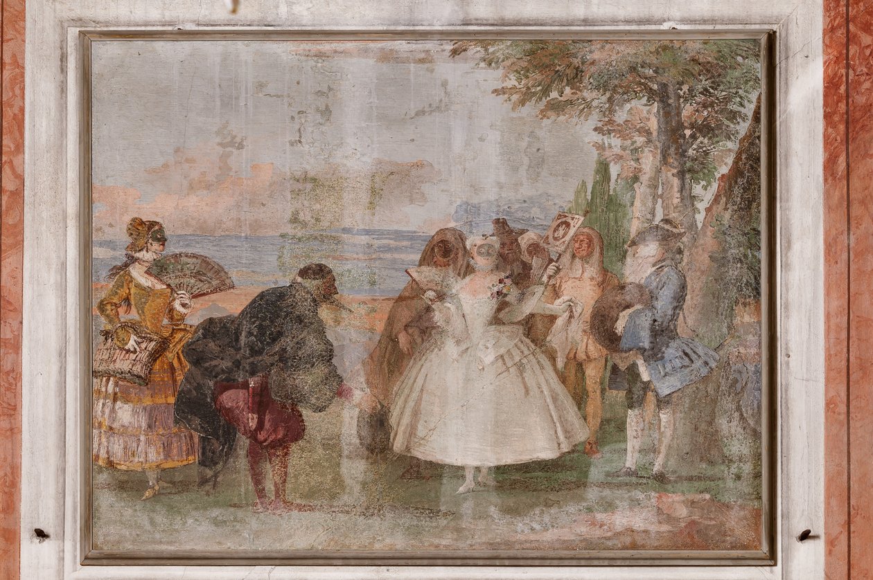 Vierasmajoitus, karnevaalikohtausten huone: "Pantalone ja Columbina", kohtaus naamioilla tekijältä Giovanni Battista Tiepolo