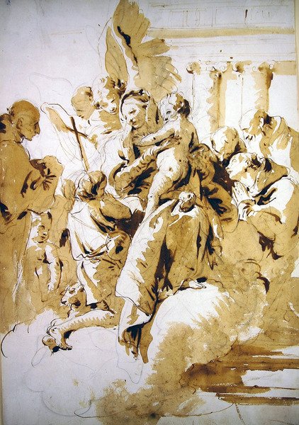 Madonna ja lapsi enkelien, pyhien ja vauvan Johannes Kastajan kanssa (kynä ja ruskea muste ja pesu paperille) tekijältä Giovanni Battista Tiepolo