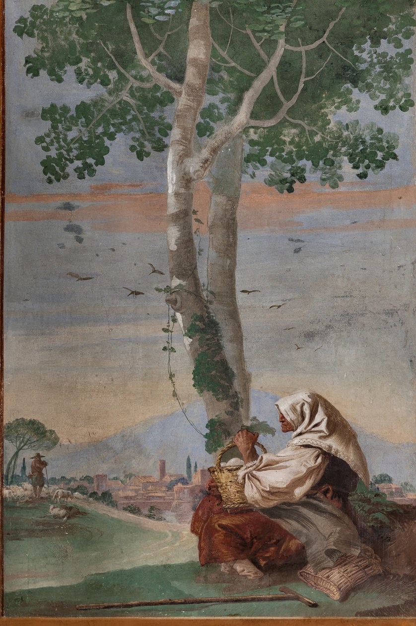 Vella pagesa amb una cistella d