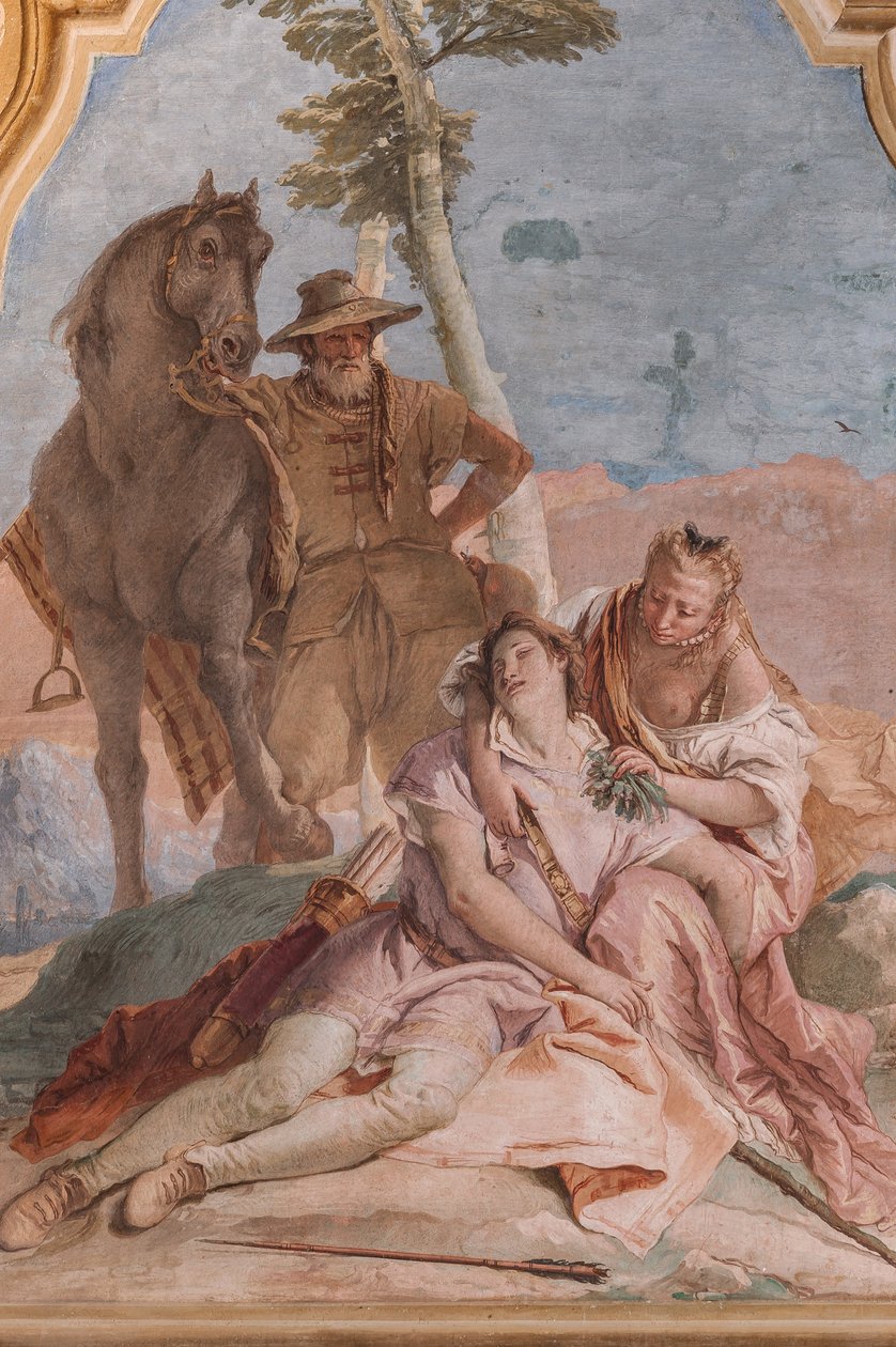 Palazzina (pieni rakennus): Arioston toinen huone tai huone freskoilla, jotka edustavat "Orlando Furioson" jaksoja: "Angelica hoitaa Medoron haavoja" tekijältä Giovanni Battista Tiepolo