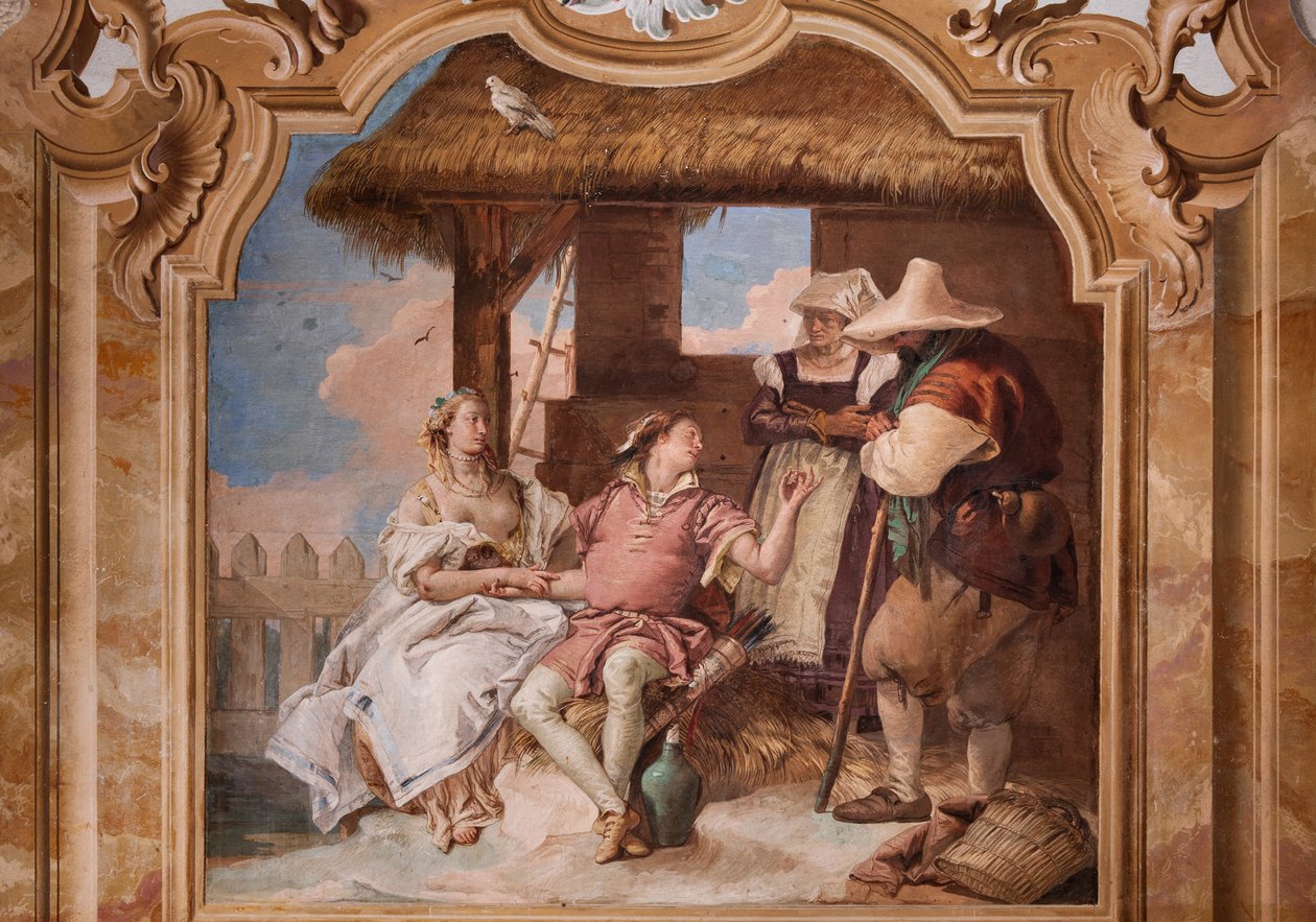 Palazzina (pieni rakennus): Arioston toinen huone tai huone, jossa on freskoja, jotka edustavat "Orlando Furioson" jaksoja: "Angelica ja Medoro paimenten talossa" tekijältä Giovanni Battista Tiepolo