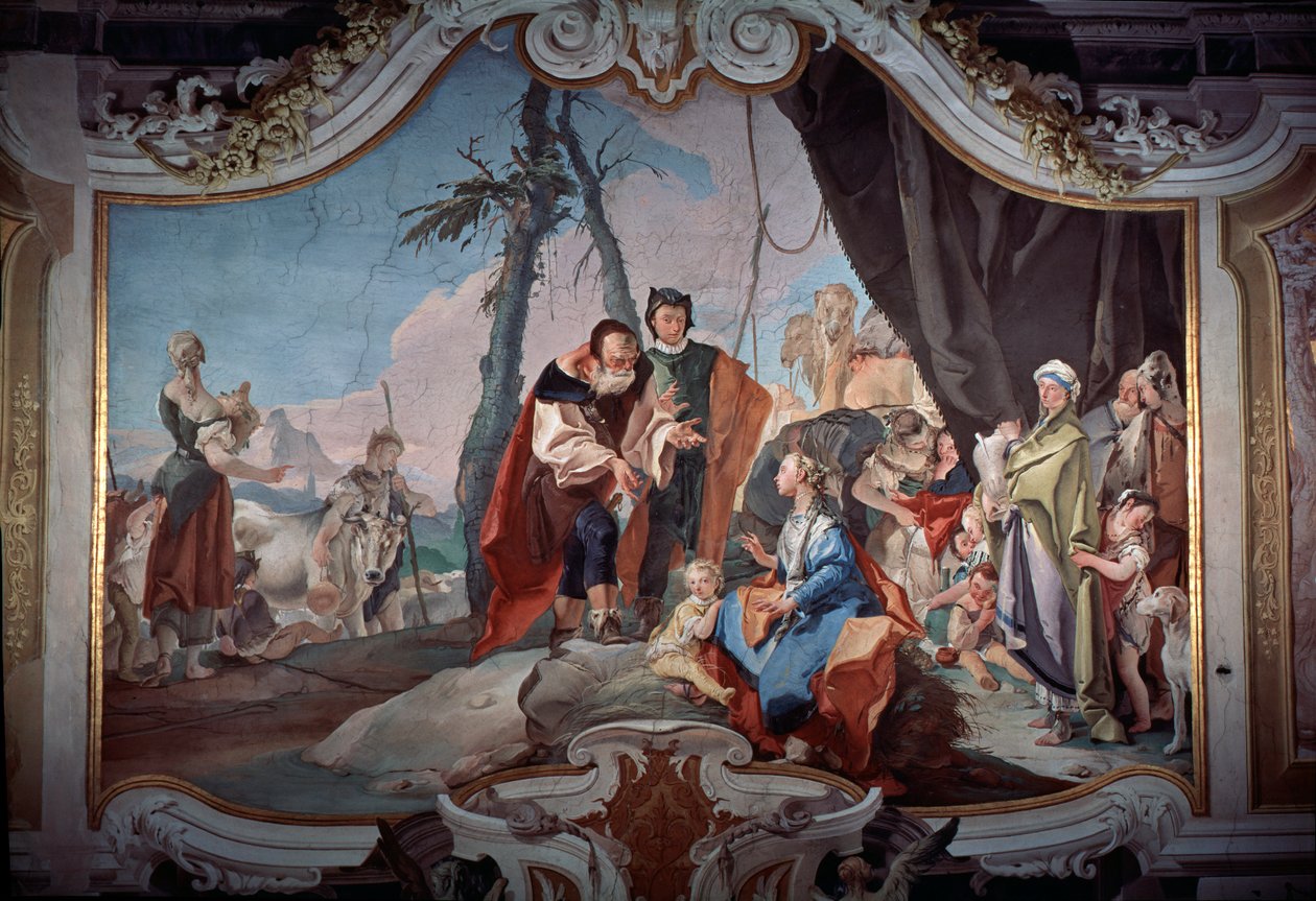 Raakel piilottelee isältään Laabanilta varastettuja epäjumalia. tekijältä Giovanni Battista Tiepolo