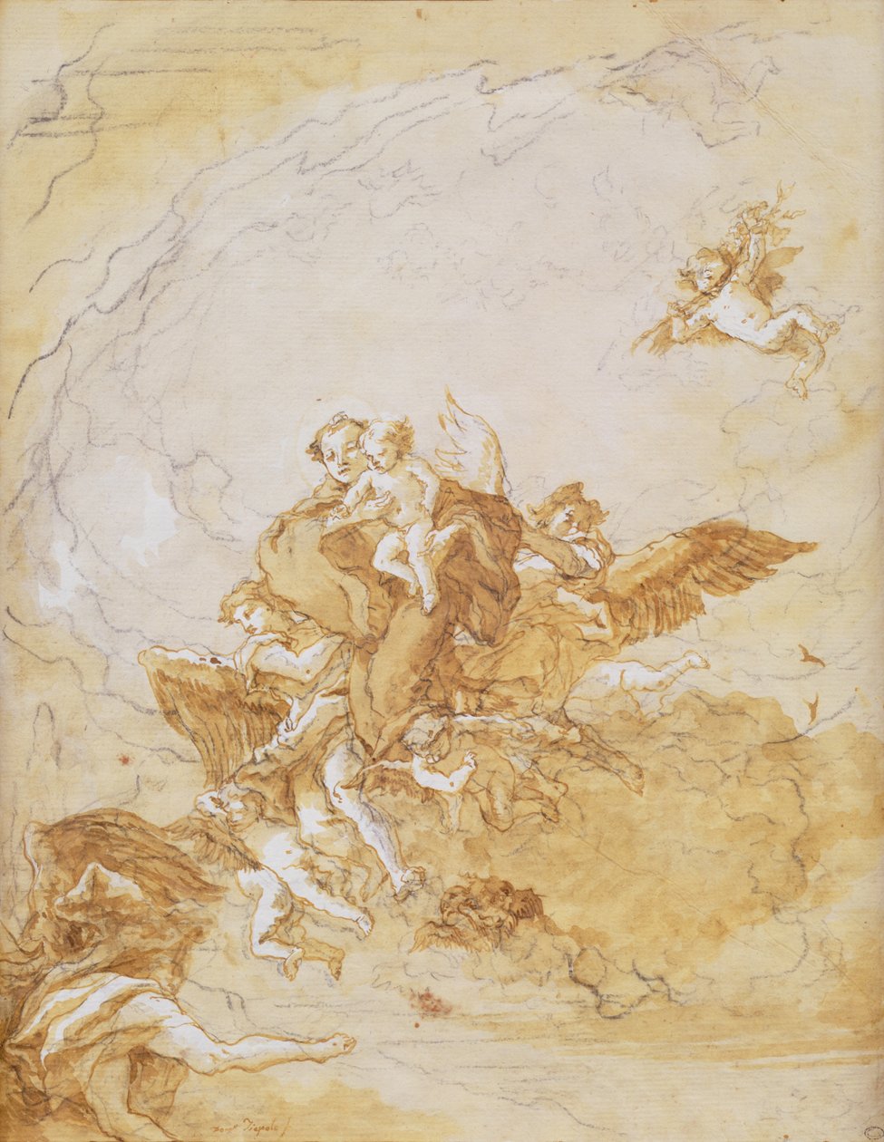 Pyhä Antonius ja Kristus-lapsi enkeleiden tukemina (kynä ja muste) tekijältä Giovanni Battista Tiepolo