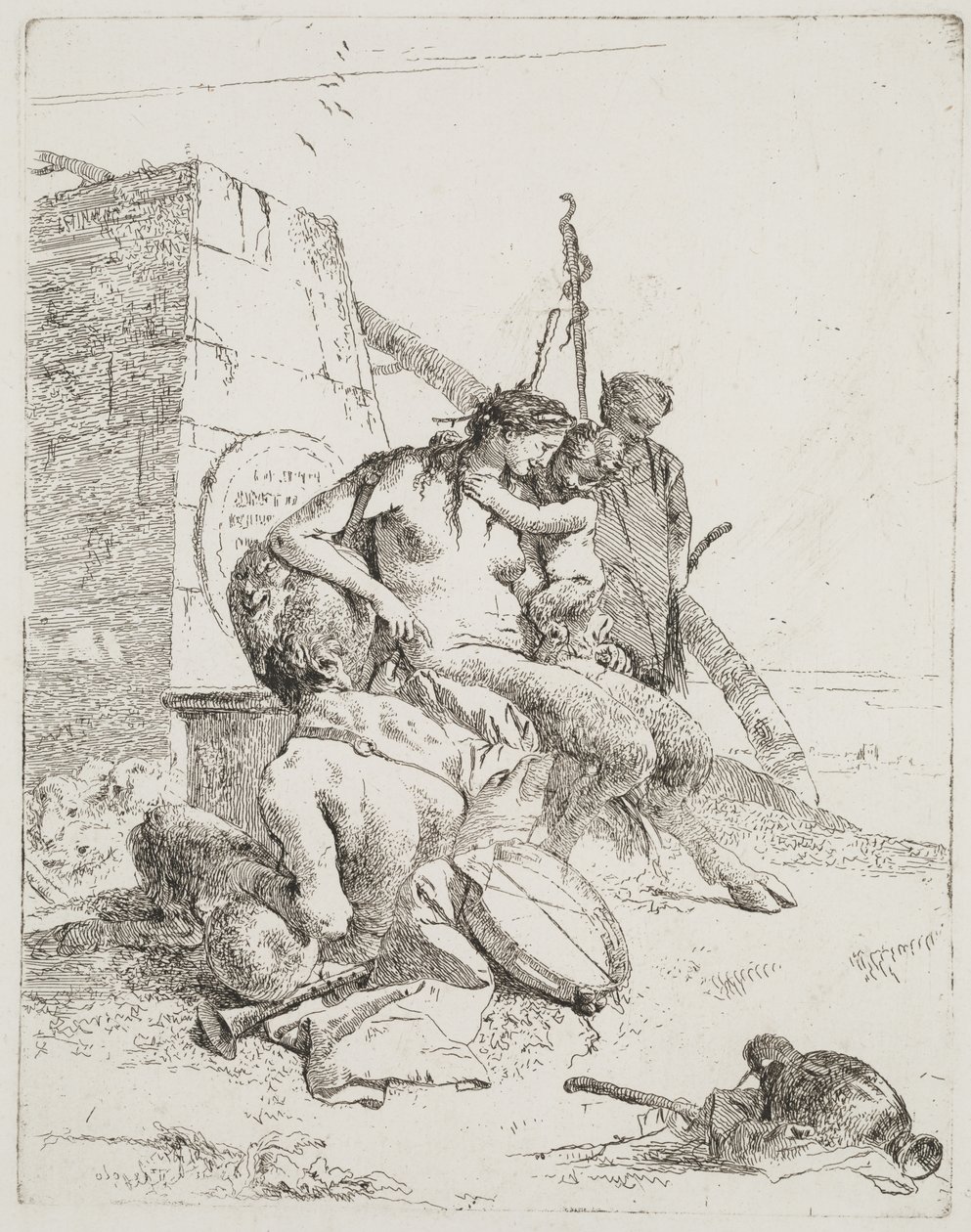 Satyr-perhe obeliskin kanssa, Venetsia, n.1765 (etsaus) tekijältä Giovanni Battista Tiepolo